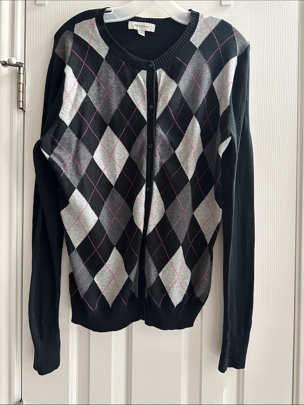 2000s Merona Argyle Button-Front Cardigan Black Grey XXL Academia Schoolgirl